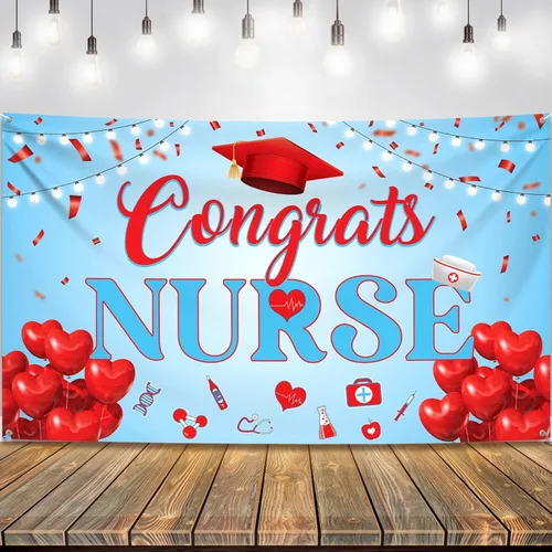 KatchOn, Cartel de enfermera de felicitaciones rojo y azul – XtraL, 72 x 44 pulgadas | Cartel de graduación, decoraciones de graduación de enfermera