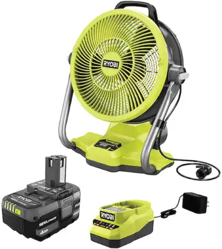 RYOBI ONE+ - Kit de ventilador híbrido inalámbrico WHISPER de 12 pulgadas con batería de 4.0 Ah y cargador, mediano, verde