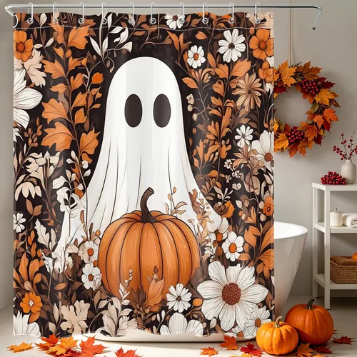 Miniatura 10 de HVEST Cortina de ducha de Halloween, linterna de calabaza y gnomo, cortina de ducha de baño, cortina de ducha de murciélago y araña, decorativa