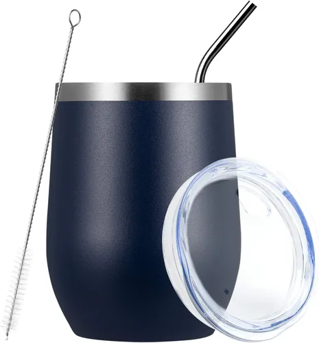 Miniatura 46 de MEWAY Vaso de vino sin tallo de 12 onzas con tapa, vaso de viaje de acero inoxidable con aislamiento de doble pared al vacío con popote, para Negro