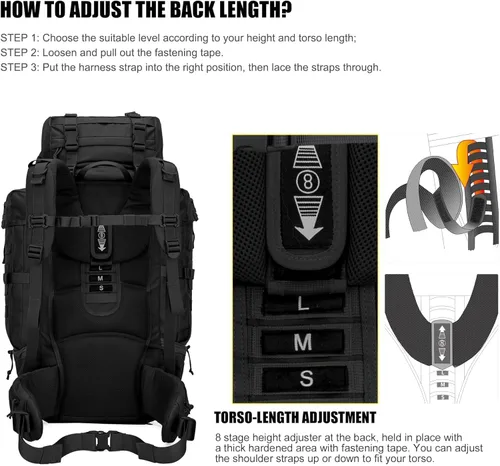 Miniatura 5 de Mardingtop 70L Mochila con armazón interno para caza, camping, senderismo; mochila con cubierta para la lluvia Negro