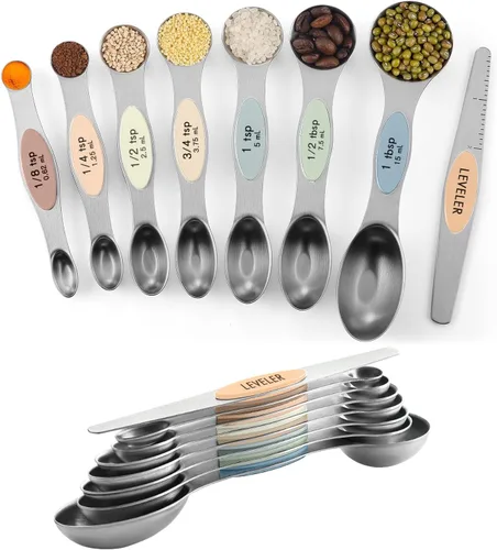 Miniatura 8 de ChefAide Paquete de 8 Cucharas Medidoras Magnéticas de Acero Inoxidable, de Doble Cara, Apilables, Cucharadita y Cucharada Medidoras Ajustables