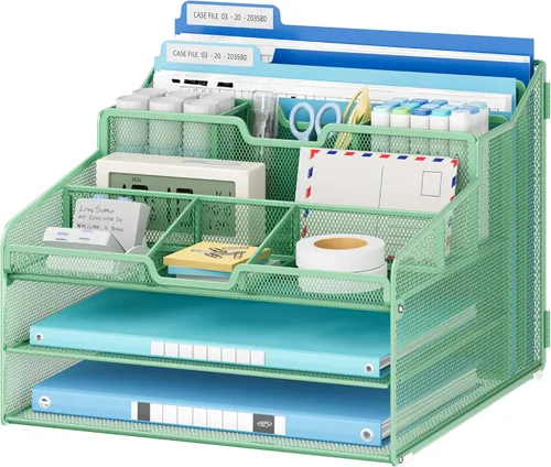 Miniatura 15 de Lavatino Organizador de escritorio, malla metálica con 2 bandejas de papel para cartas, 7 divisores flexibles, 2 soportes verticales para archivos