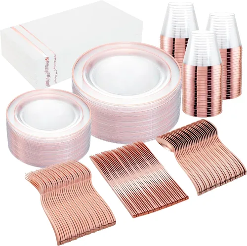 Miniatura 17 de GATHER 350 platos de plástico dorados. El juego de vajilla de plástico desechable blanco y dorado incluye 50 platos llanos, 50 platos de postre, 150