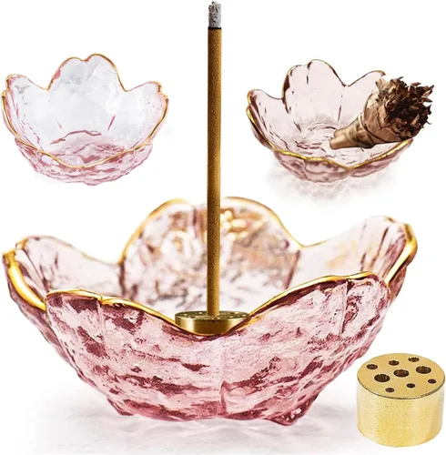 Miniatura 9 de Soporte de incienso para varillas y incienso de reflujo, soporte de incienso hecho a mano de vidrio con diseño de flores de cerezo, con 9 agujeros