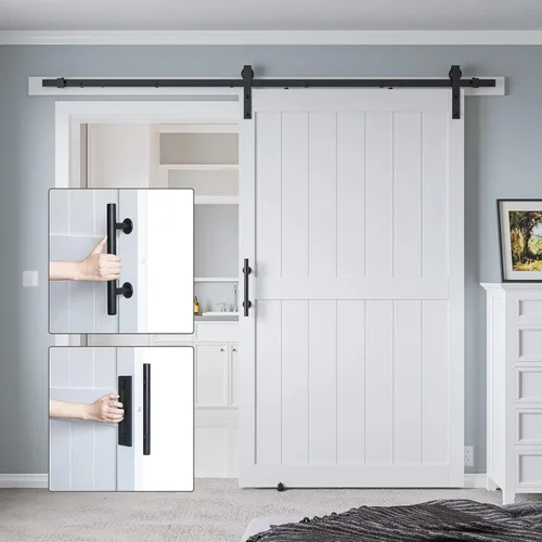 Miniatura 6 de Puerta corrediza estilo granero de 48 x 84 pulgadas con kit de herrajes para puerta corrediza de 8 pies y asa, agujeros preperforados para fácil