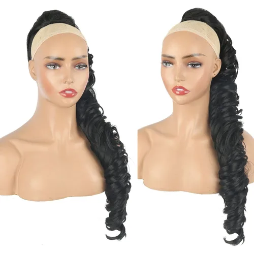 Miniatura 5 de KRSI Extensión de cola de caballo larga y ondulada con cordón, 28 pulgadas, 1B#, para mujeres, clip de cabello negro, cabello sintético, extensión