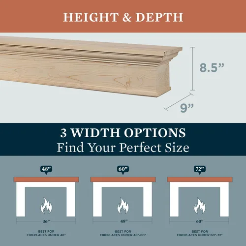 Miniatura 3 de MANTELSDIRECT Estante flotante de madera para chimenea de 60 pulgadas sin terminar, Bellamy de Mantels Direct, estante de pared rústico de madera