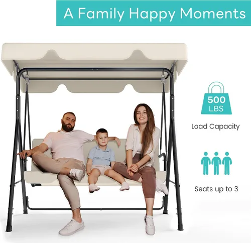 Miniatura 3 de Murago - Silla de columpio para patio al aire libre con dosel ajustable, columpio para patio al aire libre con soporte resistente para 3 personas