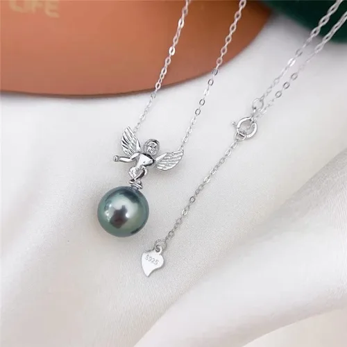 Miniatura 3 de Nonnyl Collares de perlas negras para mujer con auténtico colgante de perlas cultivadas de Tahití real de calidad AAAA con diseño de ángeles, collar