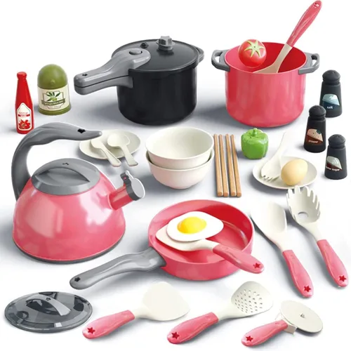 Bruvoalon Juego de 32 juguetes de cocina para niños, accesorios de cocina con ollas, sartenes, utensilios de cocina, alimentos, verduras enlatadas,