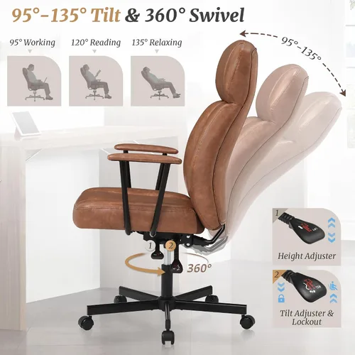 Miniatura 4 de Cozyman Silla ergonómica de piel sintética para oficina en casa, silla de escritorio ejecutiva de respaldo alto con cojín de 5 capas, respaldo Marrón