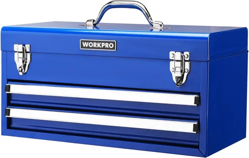 WORKPRO Caja de herramientas con cajones, 18 pulgadas con 2 cajones y 1 almacenamiento superior, caja de herramientas portátil con pestillo de metal