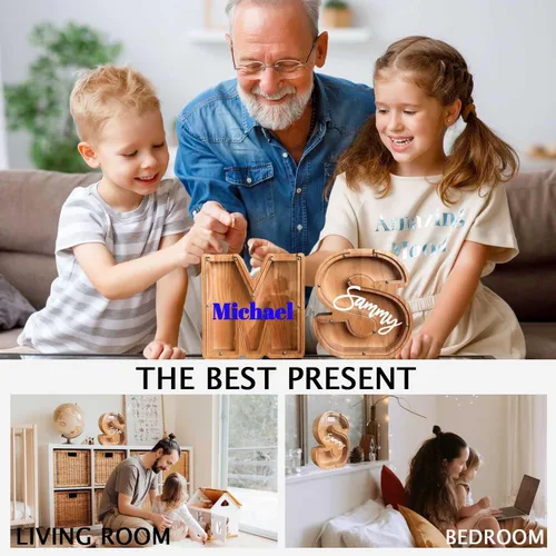 Miniatura 3 de Alcancía de madera grande personalizada, 7.5 pulgadas, con ventana acrílica fácil de abrir, caja de ahorro de dinero inicial para niños y niñas