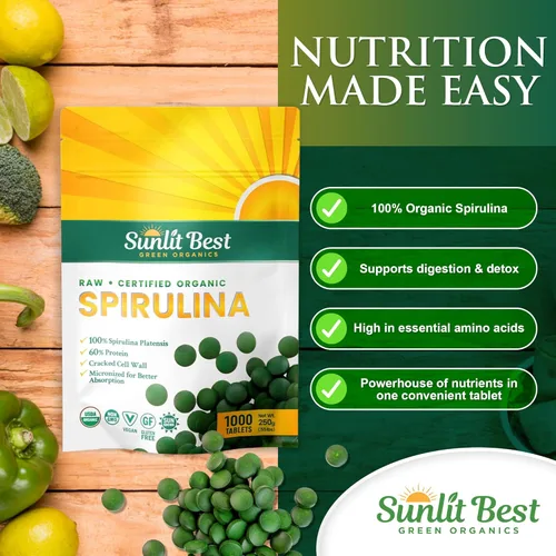 Miniatura 4 de Sunlit Best Spirulina Tablets – Tabletas orgánicas de espirulina USDA Premium 1000 unidades – Espirulinas naturales explosión orgánica para apoyo