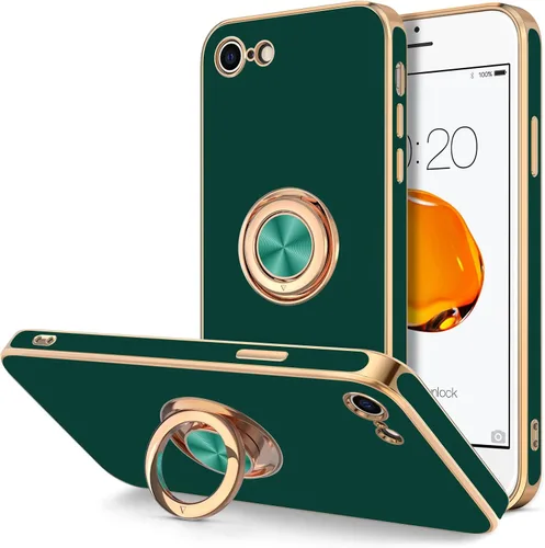Miniatura 9 de Hython Funda para iPhone SE 2022, iPhone SE 2020, iPhone 7, iPhone 8 con soporte de anillo soporte magnético, chapado en oro rosa, TPU suave, Negro