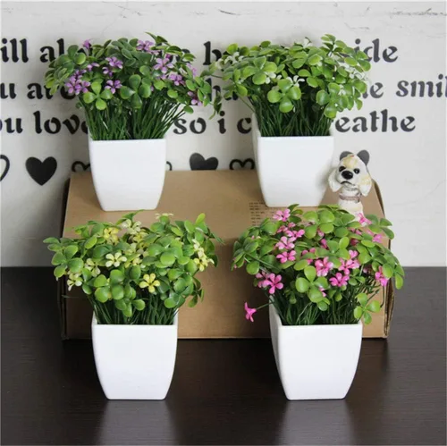 Miniatura 3 de Trébol cuadrado pequeño de cuatro hojas + flor (blanco) planta falsa en maceta artificial Bonsái Planta de plástico para el hogar, baño, hogar