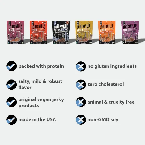 Miniatura 7 de Louisville Vegan Jerky - Carne vegana y vegetariana de pimienta negra ahumada, 0.67 oz de proteína de soja sin OMG, 310 calorías por bolsa