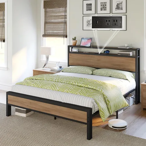 LUXOAK Marco de cama tamaño Queen, marco de cama de plataforma con cabecera de almacenamiento de 2 niveles y estación de carga, no necesita somier,