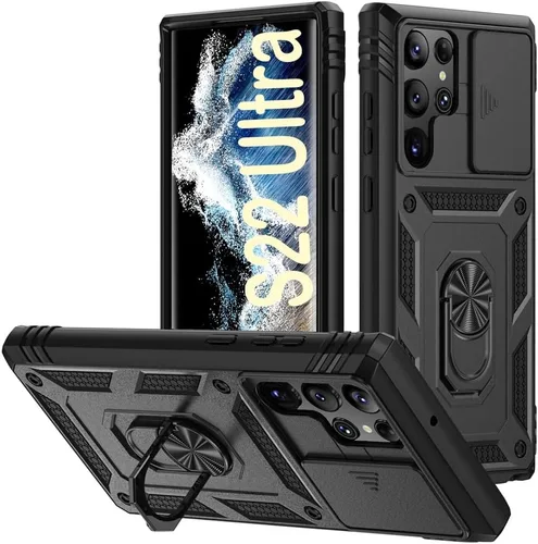 PASNEW Funda para Samsung Galaxy S22 Ultra 5G, soporte de anillo de dedo y cubierta de cámara, carcasa de protección militar multicapa resistente a