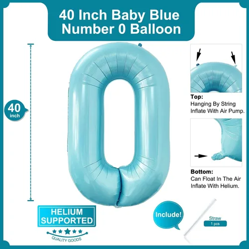 Miniatura 2 de Globo azul bebé número 0 de 40 pulgadas, tamaño grande, globos de helio de Mylar azul claro para niños, suministros de fiesta de cumpleaños, Número
