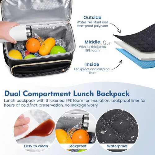 Miniatura 3 de Mochila Refrigeradora Lonchera Mochilas de Doble Piso Caja de Almuerzo, Mochilas Aisladas Bolsas Refrigeradoras de Almuerzo, Lonchera Liviana a Negro