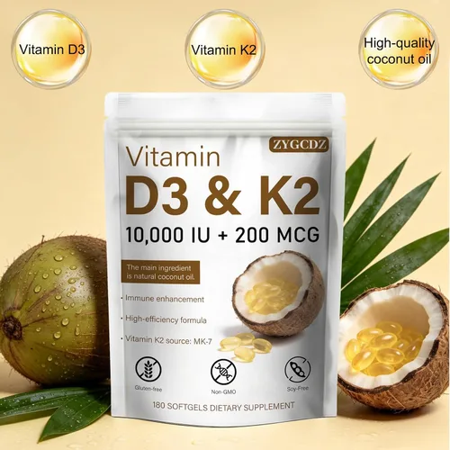 Miniatura 5 de Vitamina D3 10000 UI con cápsulas blandas K2 MK-7 de 200 mcg, 180 unidades Apoya la salud ósea, cardíaca e inmunológica Absorción mejorada