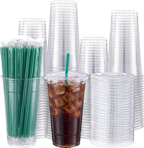 Miniatura 9 de Nuogo Juego de 100 vasos de plástico transparente de 32 onzas con tapas planas y pajitas, vasos de plástico PET con tapas, pajitas de colores, vasos
