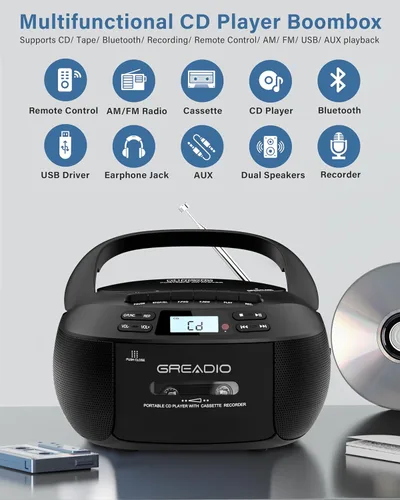 Miniatura 2 de Greadio Boombox - Reproductor de CD y cassette, Boom Box, reproductores de CD portátiles para el hogar con Bluetooth, compatible con radio AM FM