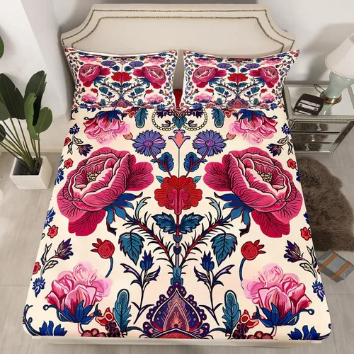 Miniatura 12 de Sábanas de cama góticas de damasco para adultos, sábana bajera ajustable victoriana antigua, sábanas góticas florales vintage, juego de ropa de cama