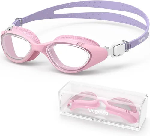 VegoVia Gafas de natación para adultos para hombres y mujeres, gafas de natación para piscina, antiniebla/UV, gafas de natación con estuche Rosa
