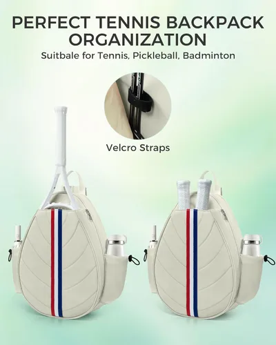 Miniatura 6 de Bolsa de tenis, mochila de tenis resistente al agua para mujeres y hombres, diseño de bandolera acolchada para tenis, pickleball, raquetas de Beige