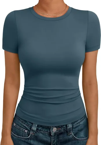 Miniatura 32 de AUTOMET - Camisetas básicas de manga corta para mujer, para verano, entrenamiento o gimnasio, con cuello redondo, ropa moderna estilo Y2K