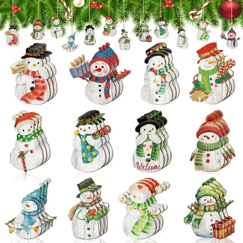 Huwena 36 piezas de adornos de muñeco de nieve de Navidad para árbol, adornos de muñeco de nieve de Navidad, tallas de madera, adornos de árbol de