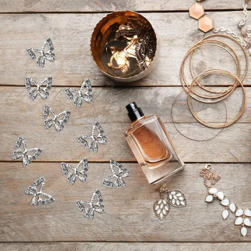 Miniatura 6 de Dijes para uñas de mariposa, 10 piezas de diamantes de imitación de plata 3D brillantes para uñas, diamantes de imitación acrílicos brillantes