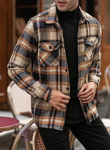 Miniatura 4 de JMIERR Camisas de franela para hombre, estilo casual, con botones, manga larga, a cuadros, chaquetas ligeras con bolsillos