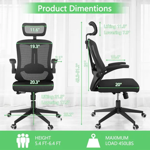 Miniatura 2 de Silla de oficina de malla, ergonómica con soporte lumbar, color negro, estilo moderno, respaldo de malla, bloqueo de inclinación de 90-135