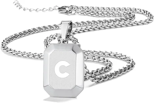 Collar con inicial A-Z para hombres y niños, cadena con colgante de letra cuadrada de acero inoxidable para hombres, cadena de trigo de 20 + 2