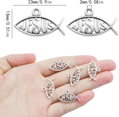 Miniatura 3 de 100 dijes de plata antigua con forma de pez de Jesús, de aleación tibetana, colgante cristiano en forma de pez, vintage, Jesús religioso, colgantes