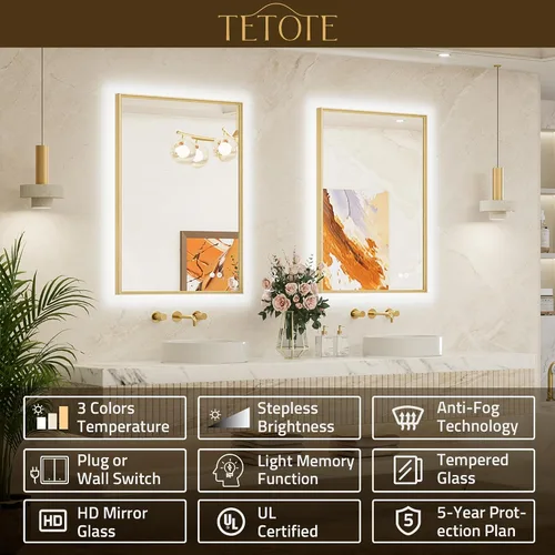 Miniatura 6 de TETOTE Espejo de baño retroiluminado de 30 x 36 pulgadas, marco de metal dorado cepillado, luz LED, 3 colores, blanco/cálido/natural, sin escalones