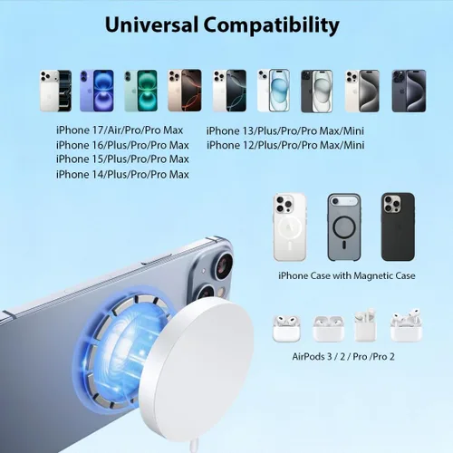 Miniatura 5 de Cargador inalámbrico magnético [certificado Apple MFi], 3.3 pies, 15 W, cargador rápido Apple Mag-Safe con bloque de carga rápida USB C compatible