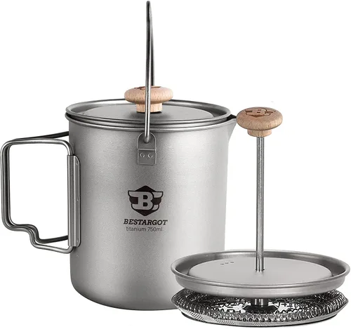 Bestargot Olla de titanio de 750 ml, prensa francesa portátil | Olla de camping ultraligera para café, cocina y supervivencia | Compatible con