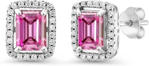 Miniatura 9 de Gem Stone King Aretes de plata de ley 925 con piedra natal Corte esmeralda de 0.315 x 0.236 in Aretes de halo para mujer