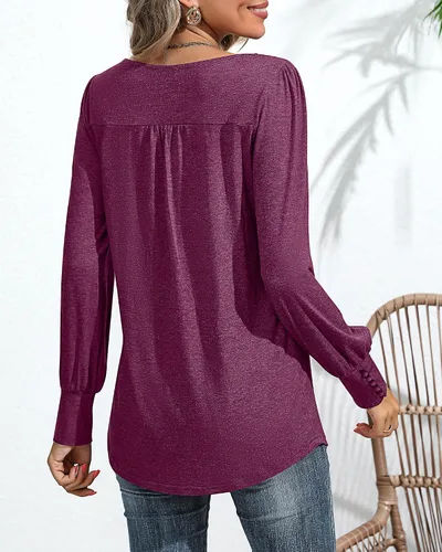 Miniatura 2 de Ficerd Blusa plisada de manga corta abombada para mujer, cuello redondo, elegante, casual, holgada, para primavera y verano