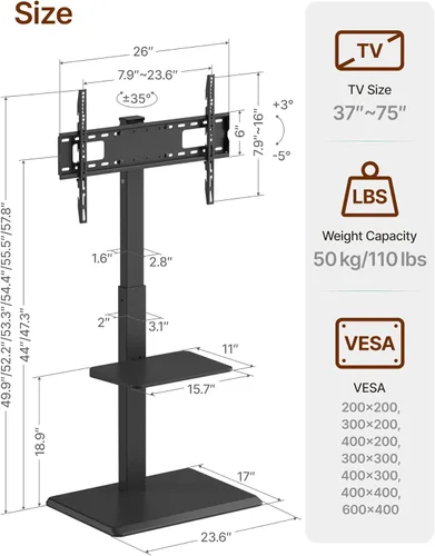 Miniatura 7 de Soporte de piso para TV de acero con toma de corriente para televisores de 32 a 75 pulgadas, hasta 110 libras, soporte de TV ajustable en altura