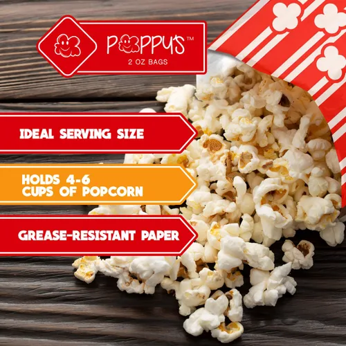 Miniatura 5 de Bolsas de Papel para Palomitas de Maíz Poppy's – 25 Bolsas de Grado Comercial de 2 oz, Accesorios para Máquina de Palomitas para Barras