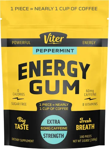 Miniatura 10 de Viter Energy goma de mascar con 60mg de cafeína (sabor a menta, 30 piezas) - sin azúcar, vitamina B3, B6, B9, B12, cero calorías, gomitas