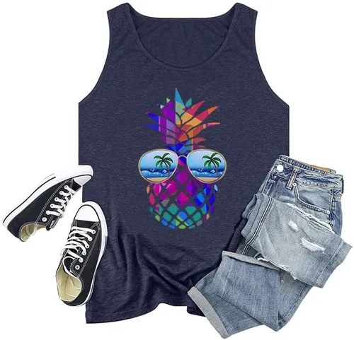Miniatura 3 de Camiseta sin mangas con estampado de piña hawaiana para mujer, talla grande, con estampado gráfico hawaiano, camiseta sin mangas para vacaciones