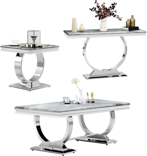 Miniatura 16 de ACEDÉCOR Moderno juego de mesa de centro de 4 piezas, dorado, mesa de mármol sintético, incluye mesa auxiliar, 2 mesas auxiliares, mesa consola, Oro