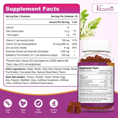 Miniatura 4 de Gomitas de quercetina, quercetina con vitamina C, zinc, bromelina, saúco y vitamina D, apoyo inmunológico para adultos y niños, mujeres y hombres